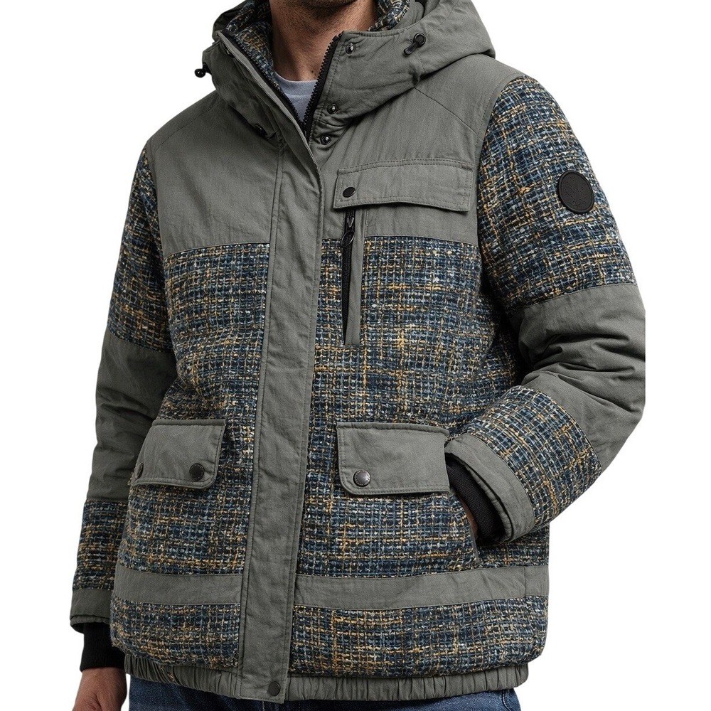 Noize Puffer Jacket Hooded Mixed Media Tweed Insulated Coat M